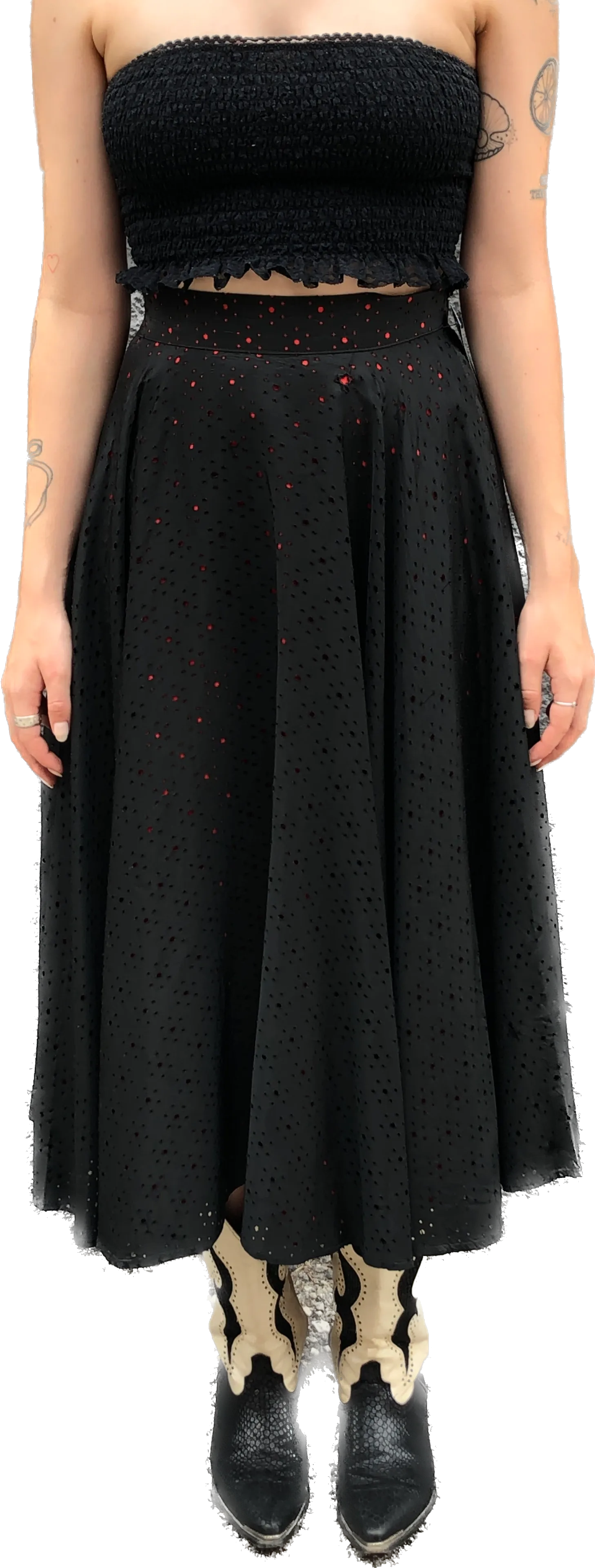 1950s Matty Sue Black on Red Swing Skirt         W27