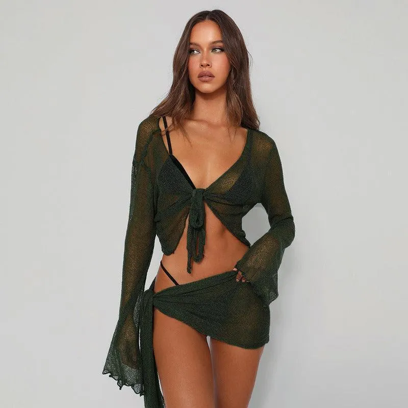 2024 Mesh See-through Strap Long-sleeved Wrap Top and Skirt