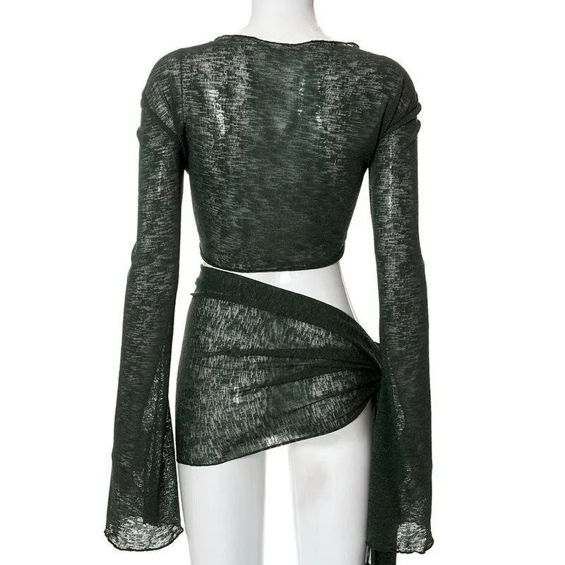 2024 Mesh See-through Strap Long-sleeved Wrap Top and Skirt
