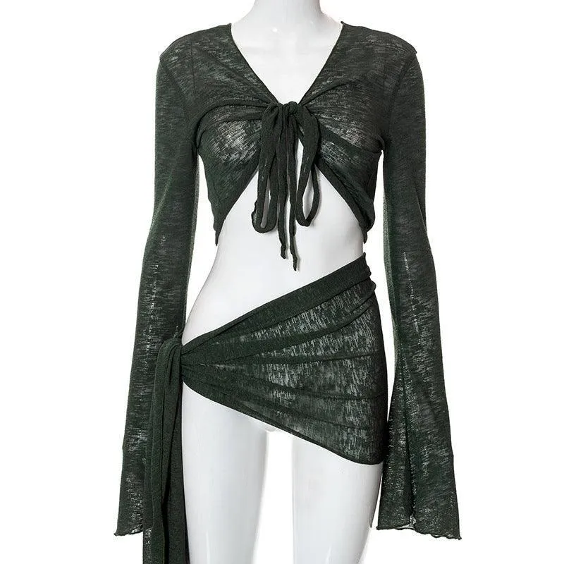 2024 Mesh See-through Strap Long-sleeved Wrap Top and Skirt