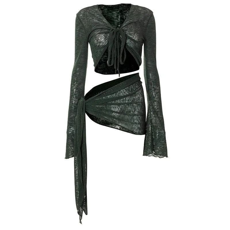 2024 Mesh See-through Strap Long-sleeved Wrap Top and Skirt