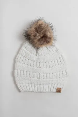 ABB2802 -Solid Chenille Knit Beanie with Faux Fur Pom.