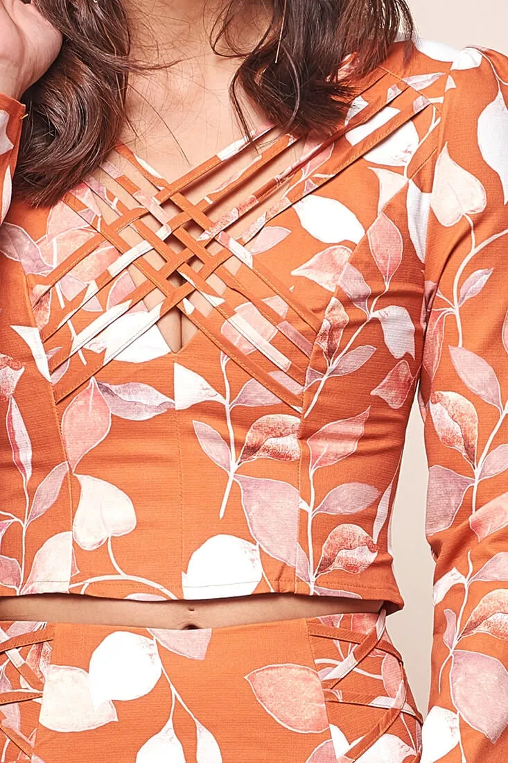 Andi Floral Print Cross Neck Top Orange