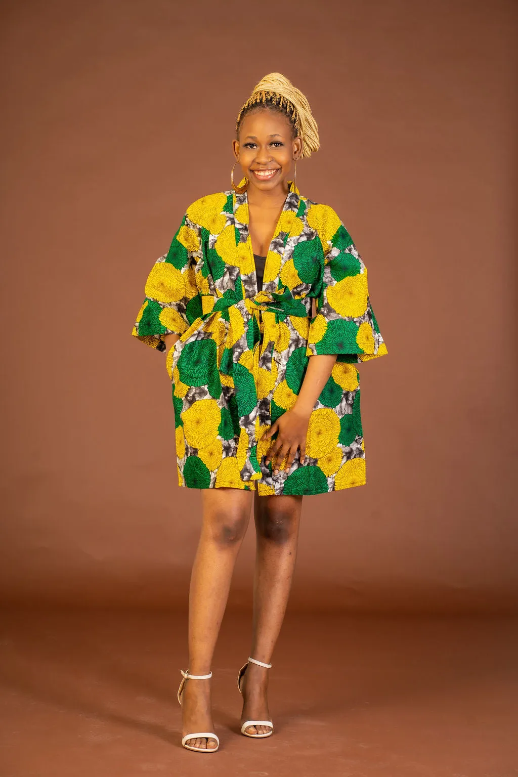 Anthonia Ankara Short Kimono Jacket | Yellow and Green African Print
