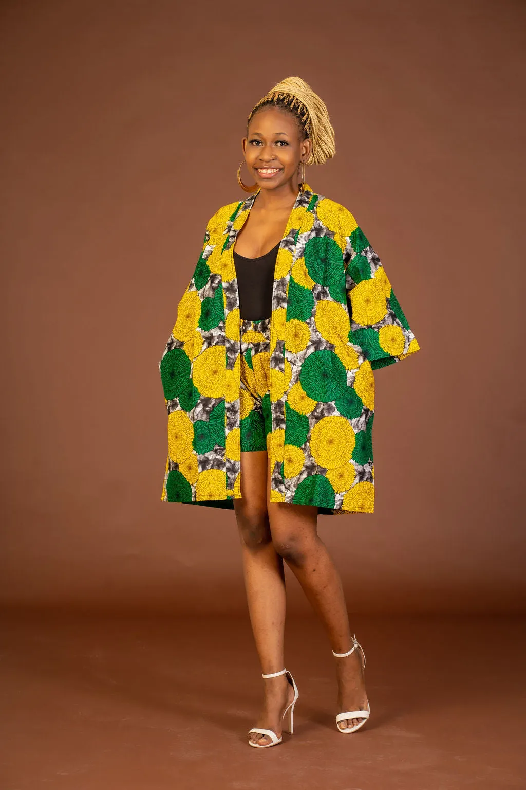 Anthonia Ankara Short Kimono Jacket | Yellow and Green African Print