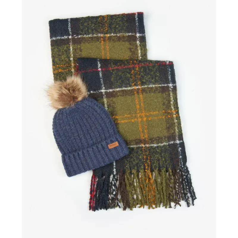 Barbour Saltburn Ladies Beanie & Tartan Scarf Set - Classic