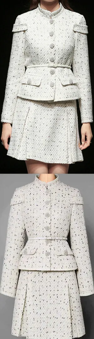 Belted Button-Embellished Jacket and Skirt Set, White