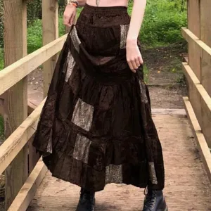 Brown Patchwork Maxi Skirt