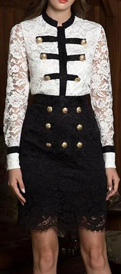 Button-Embellished Lace Blouse and Skirt Set