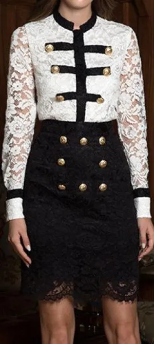 Button-Embellished Lace Blouse and Skirt Set