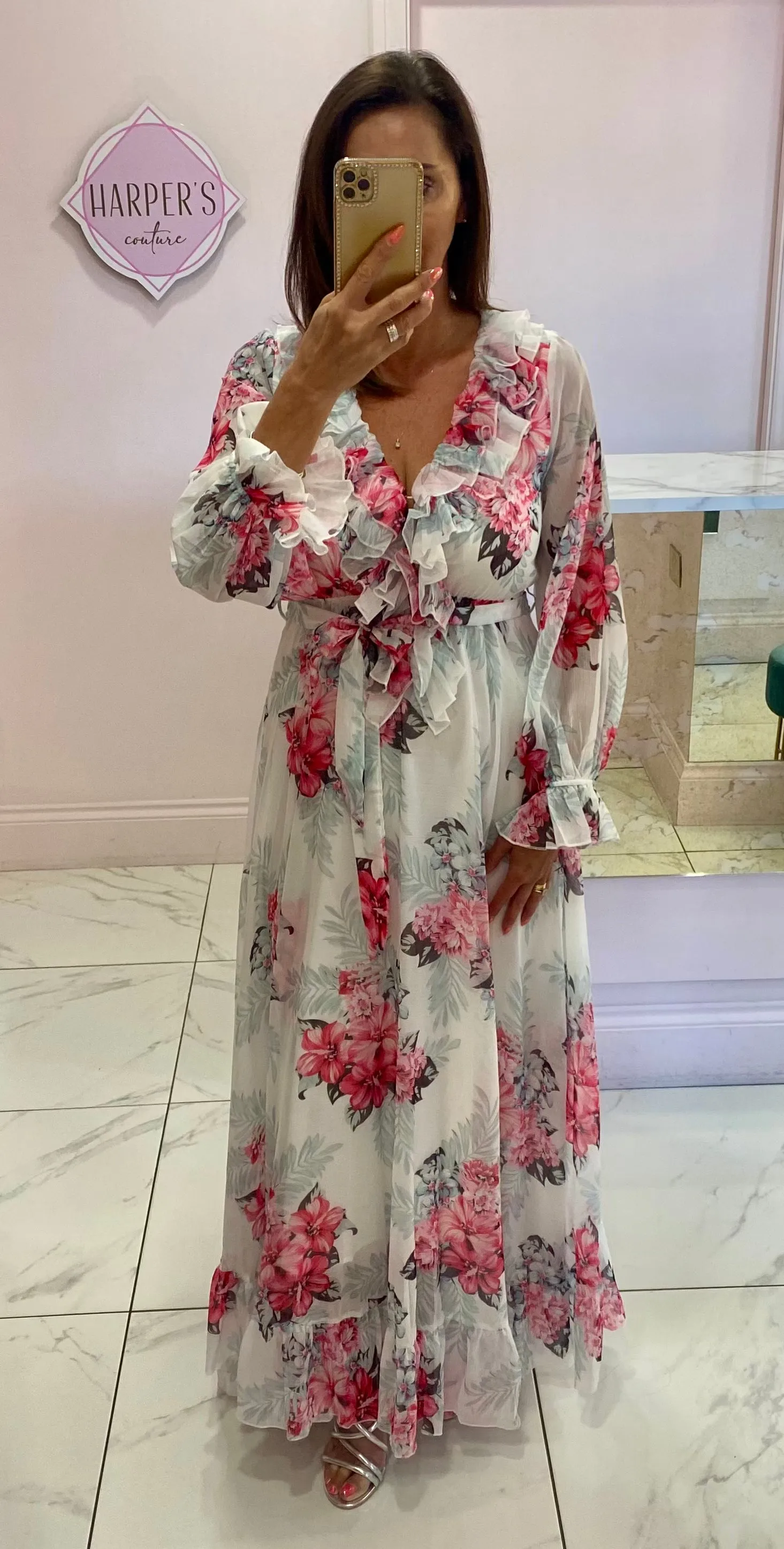 Charelle White Ruffle Front Maxi Occasion Dress