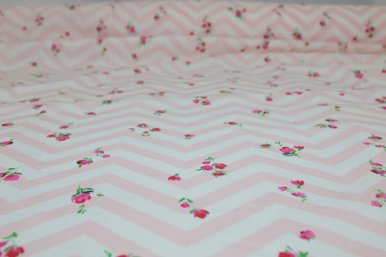 Chevron Roses Cotton Lawn - Pinks/White