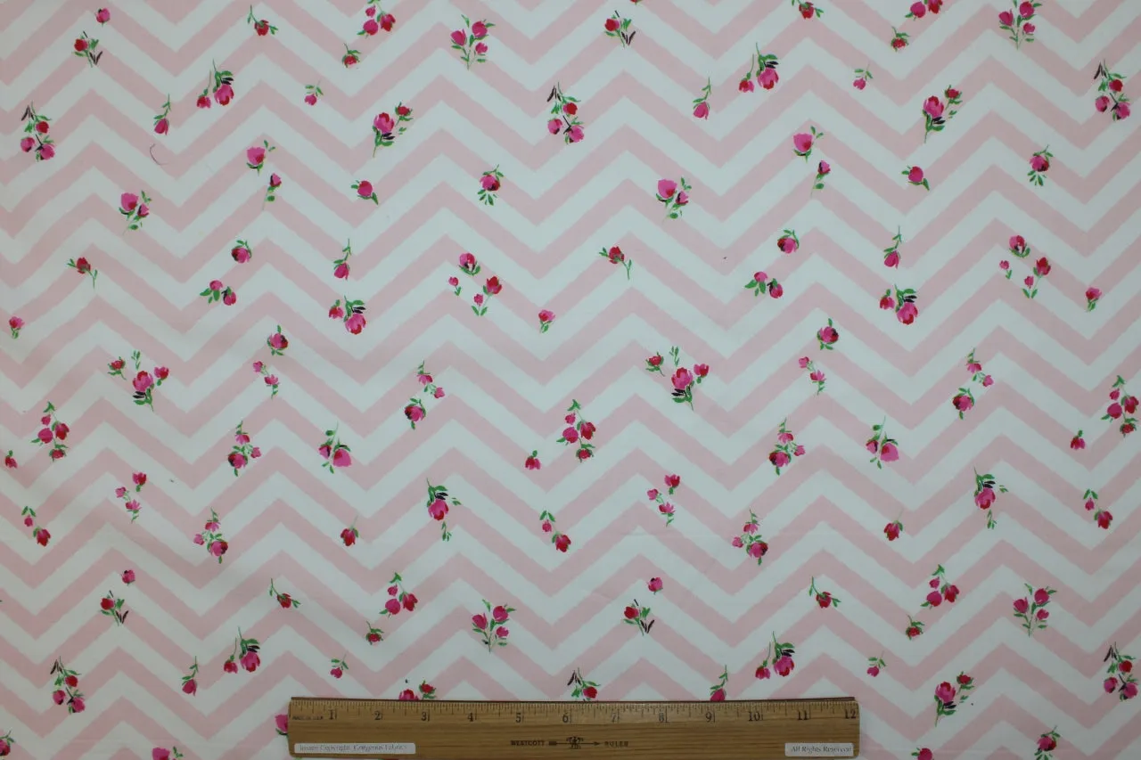Chevron Roses Cotton Lawn - Pinks/White