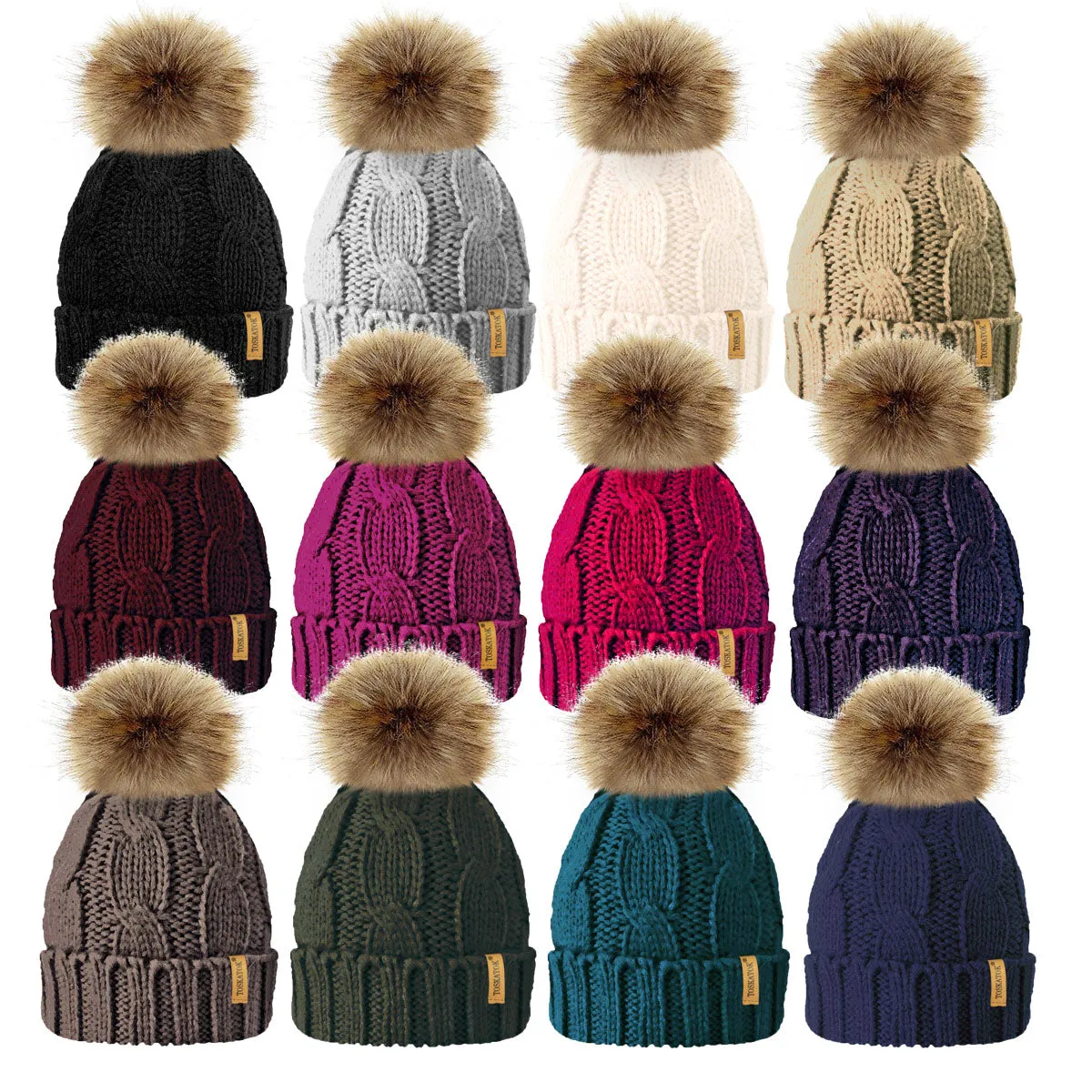Chunky Cable Knit Beanie Hat with Detachable Pom Pom