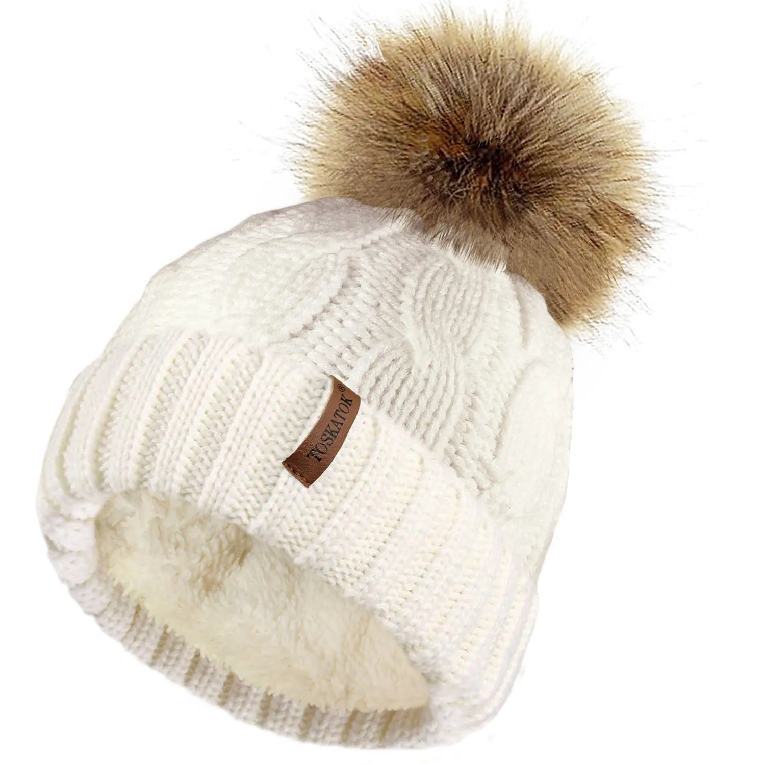 Chunky Cable Knit Beanie Hat with Detachable Pom Pom