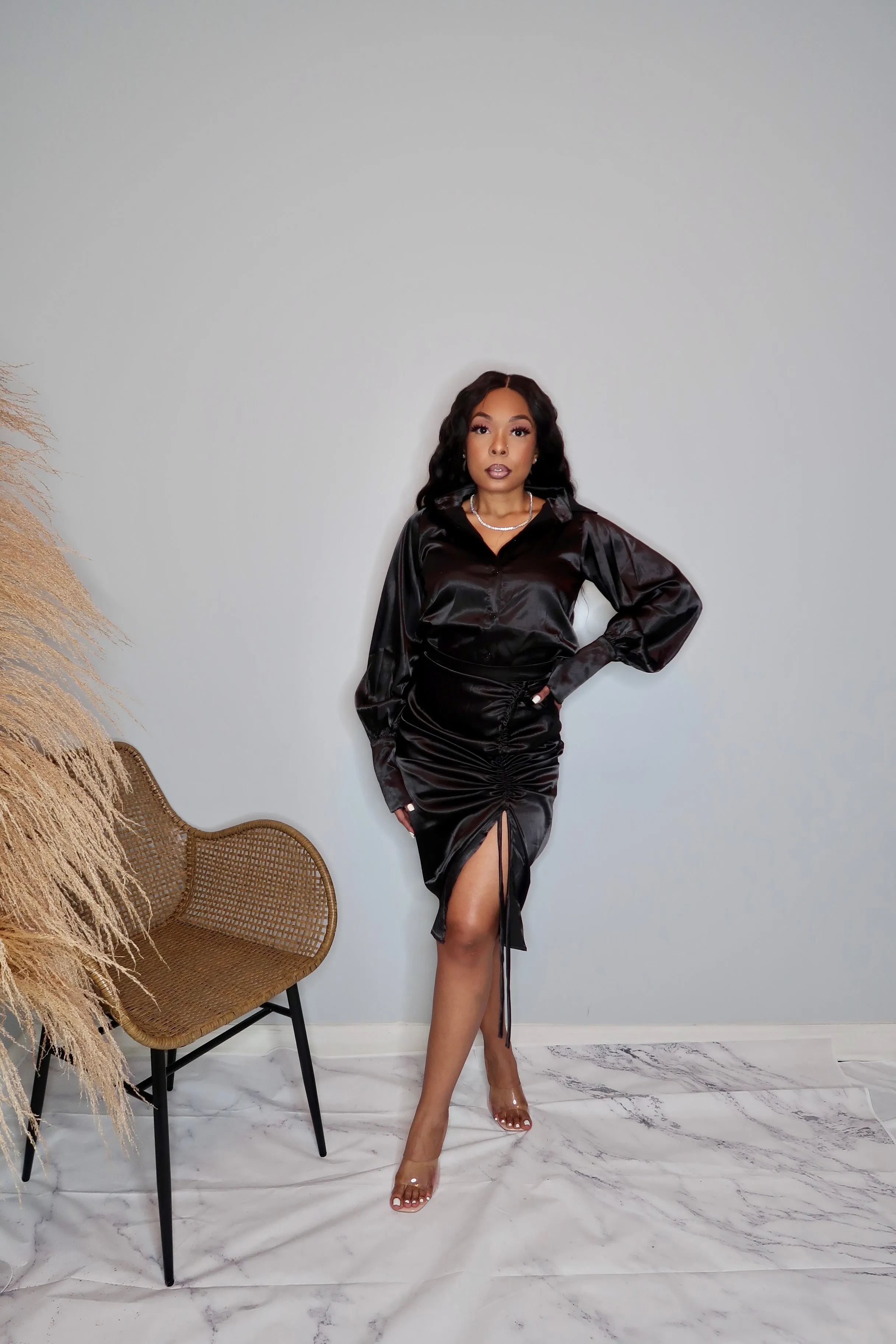 Cristal Satin Skirt Set-Black