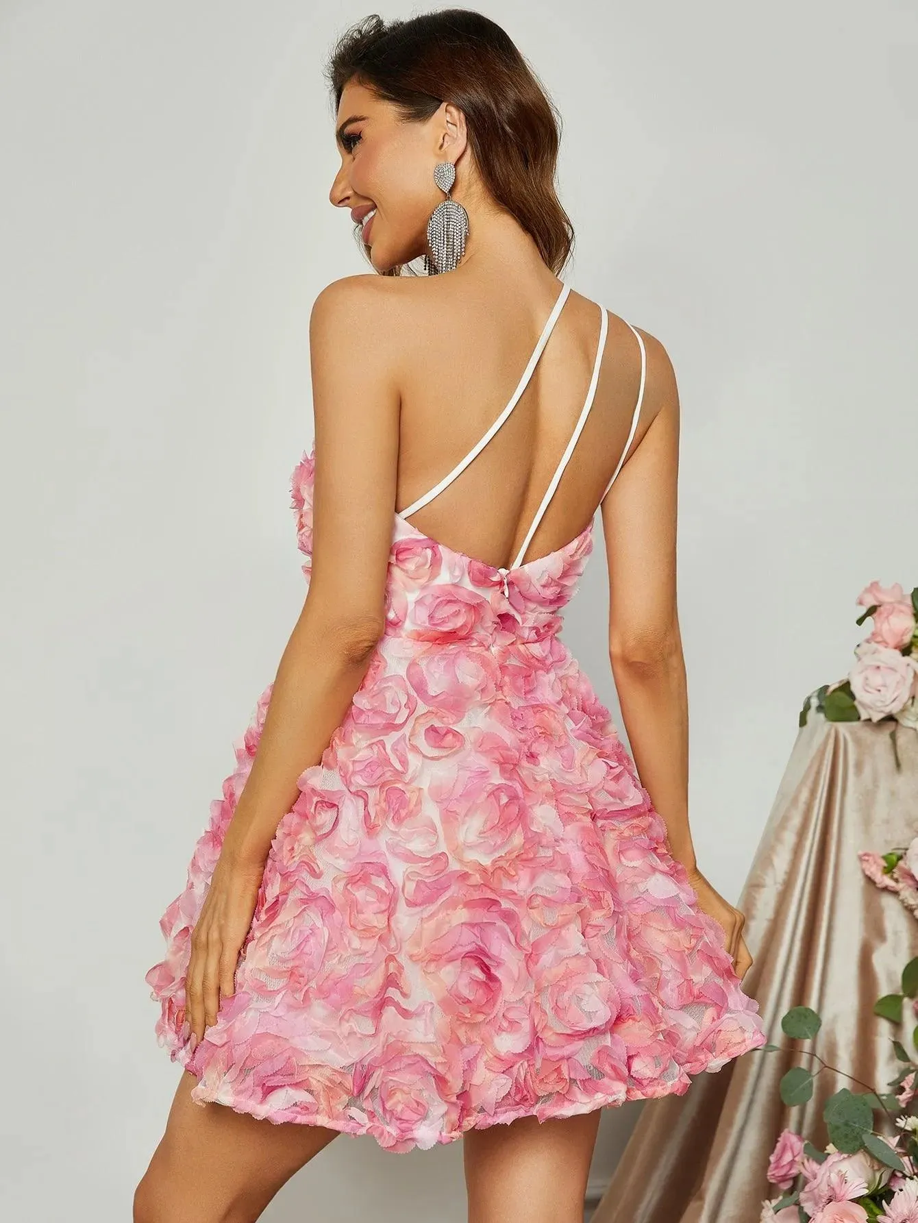 Elegant One Shoulder Sleeveless 3D Flower Dress