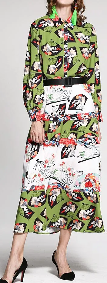 Fan-Printed Blouse & Skirt Set