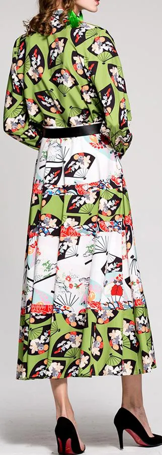 Fan-Printed Blouse & Skirt Set