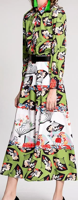 Fan-Printed Blouse & Skirt Set