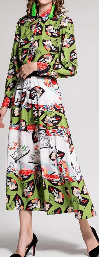 Fan-Printed Blouse & Skirt Set