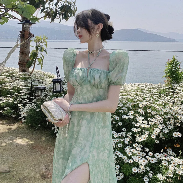 Floral Spaghetti Strap with Slit Women's Summer Dress 2023 New Halter Neck Long Dress 382