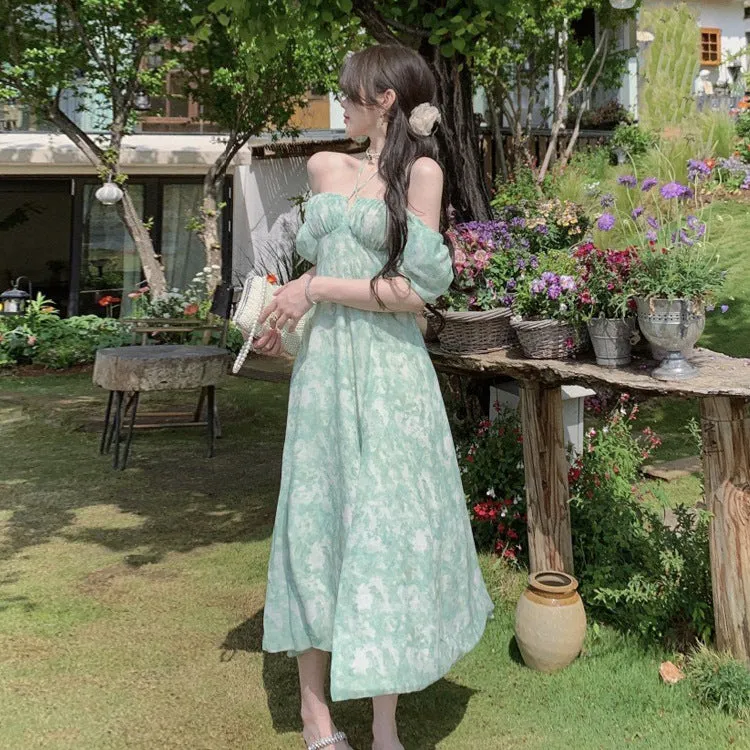 Floral Spaghetti Strap with Slit Women's Summer Dress 2023 New Halter Neck Long Dress 382