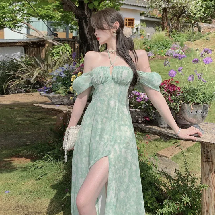 Floral Spaghetti Strap with Slit Women's Summer Dress 2023 New Halter Neck Long Dress 382