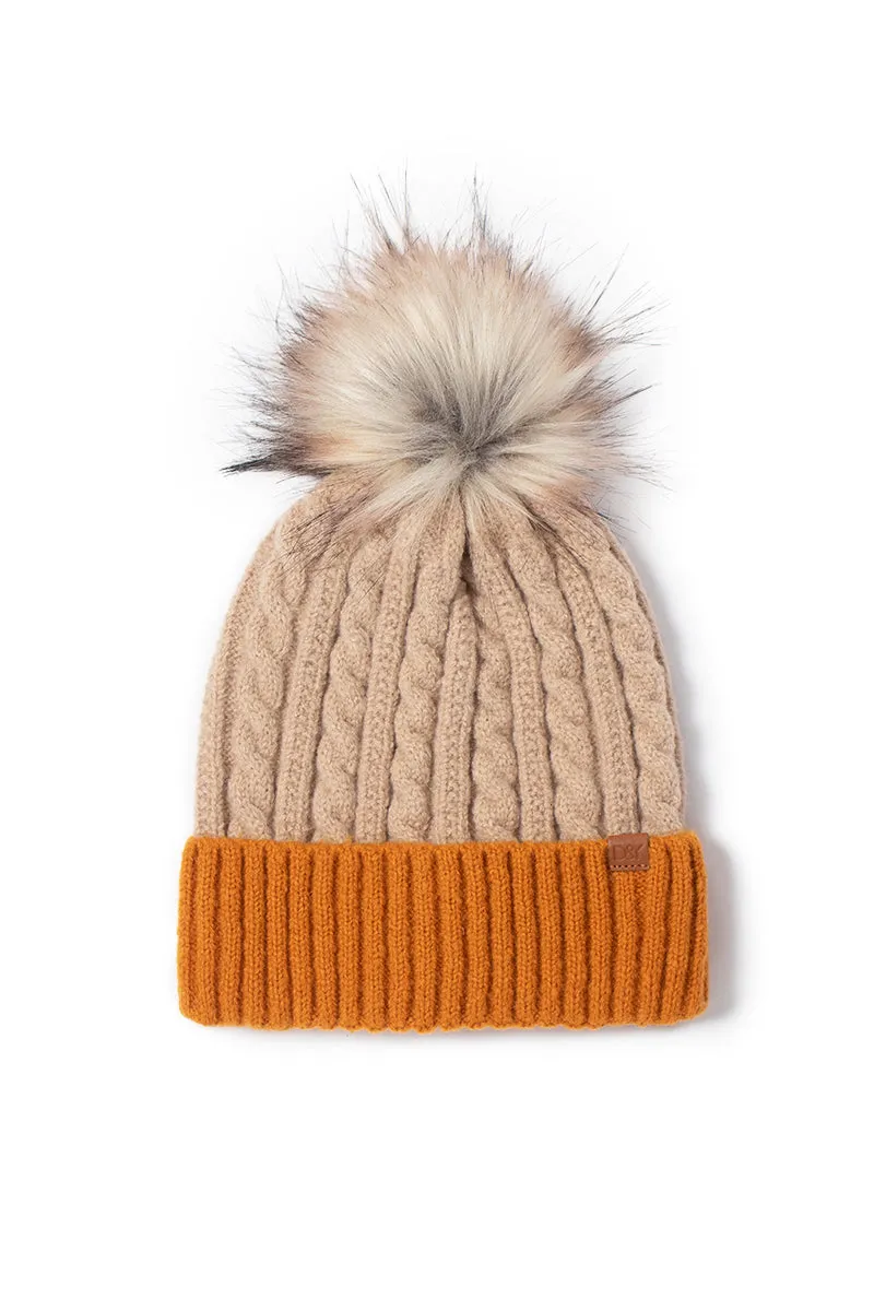 FSBB836 - Cable knit contrast cuff beanie with faux fur pom