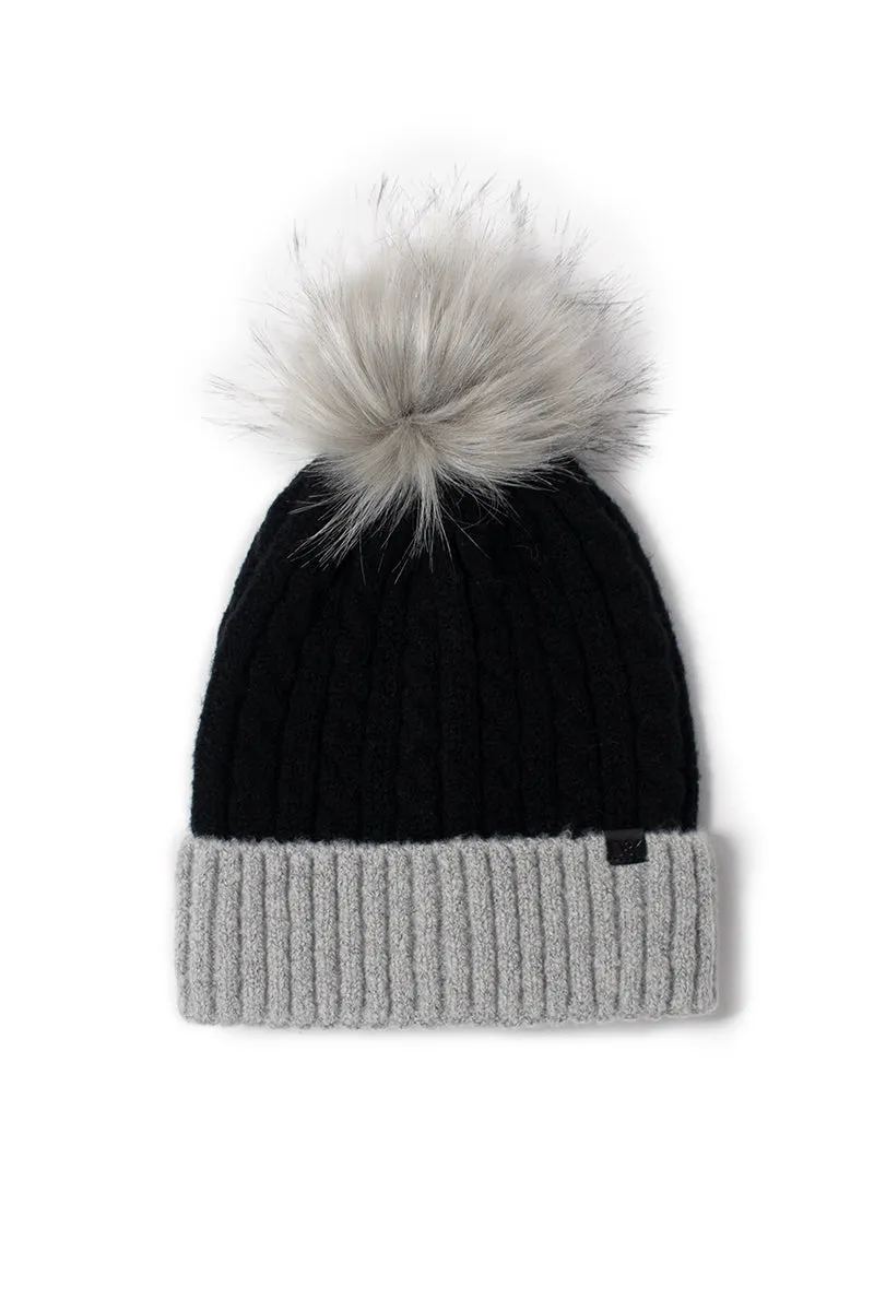 FSBB836 - Cable knit contrast cuff beanie with faux fur pom