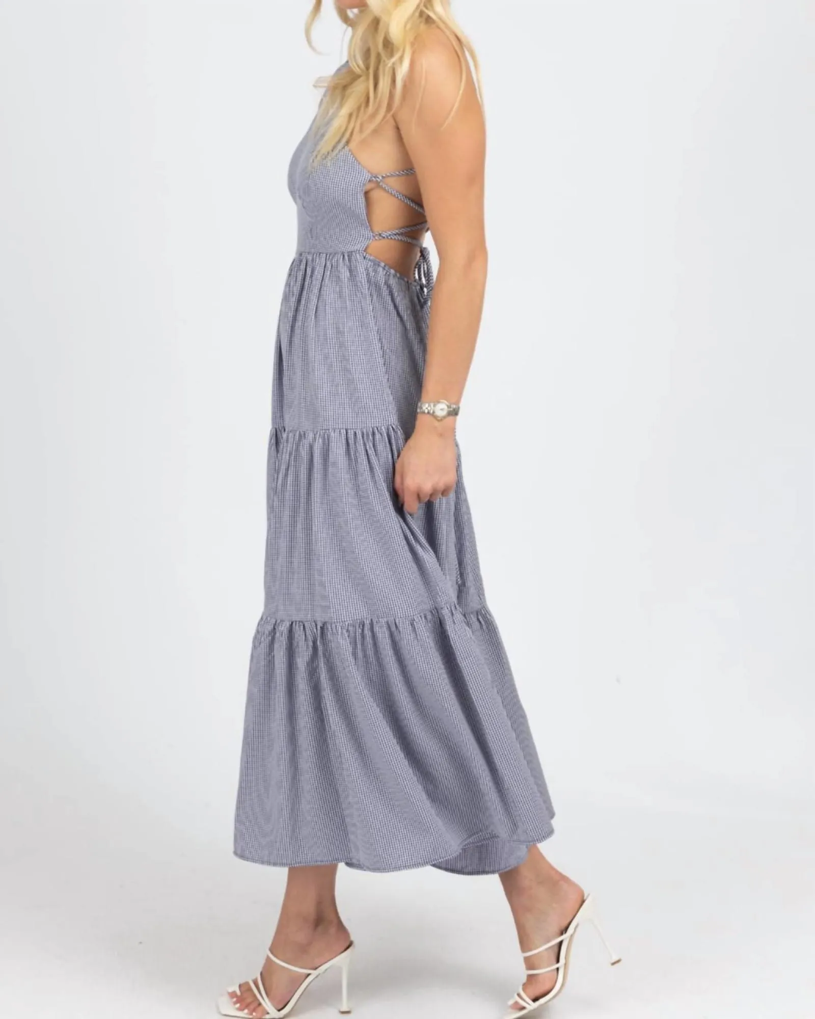 Gingham Tiered Open Back Maxi Dress In Navy | Navy
