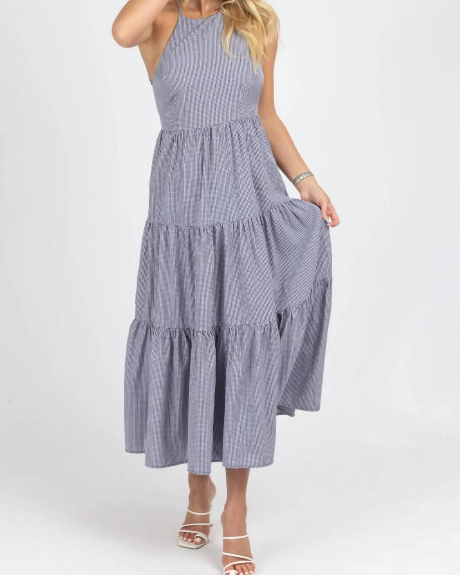 Gingham Tiered Open Back Maxi Dress In Navy | Navy