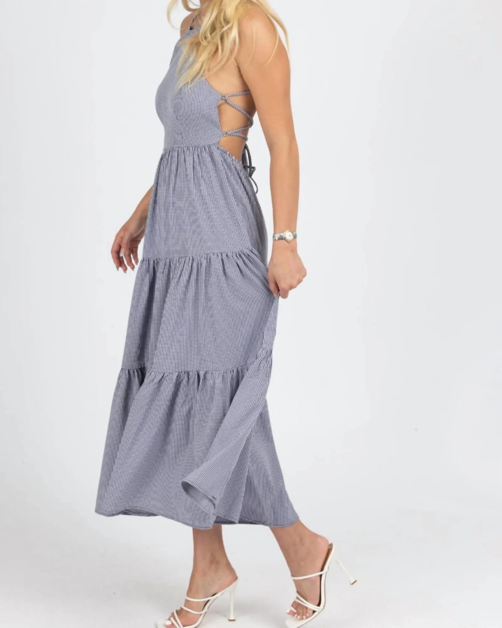 Gingham Tiered Open Back Maxi Dress In Navy | Navy