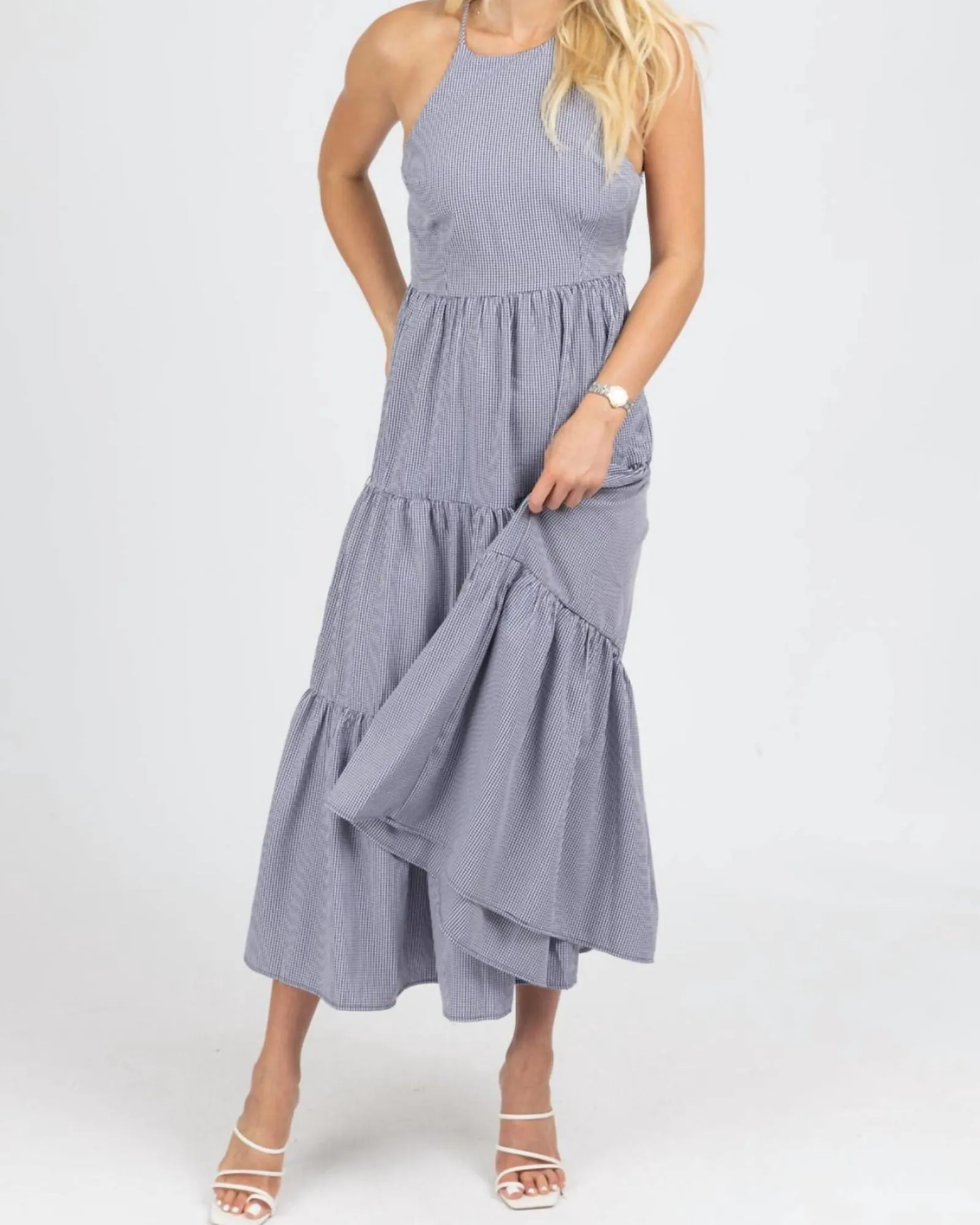 Gingham Tiered Open Back Maxi Dress In Navy | Navy