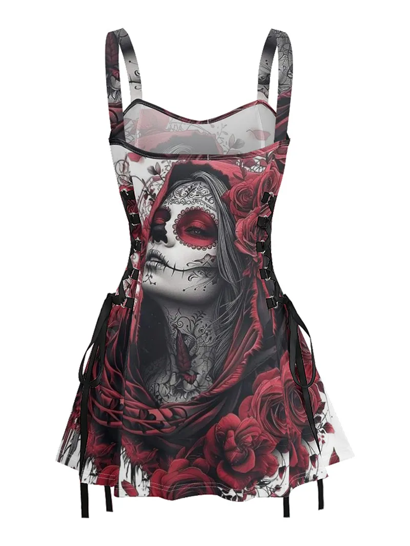 Gothic Red Hat Girl Printed Lace up Suspension Skirt