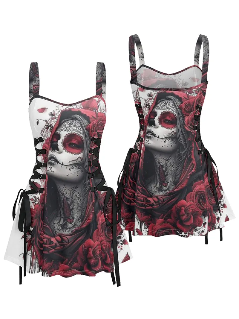 Gothic Red Hat Girl Printed Lace up Suspension Skirt