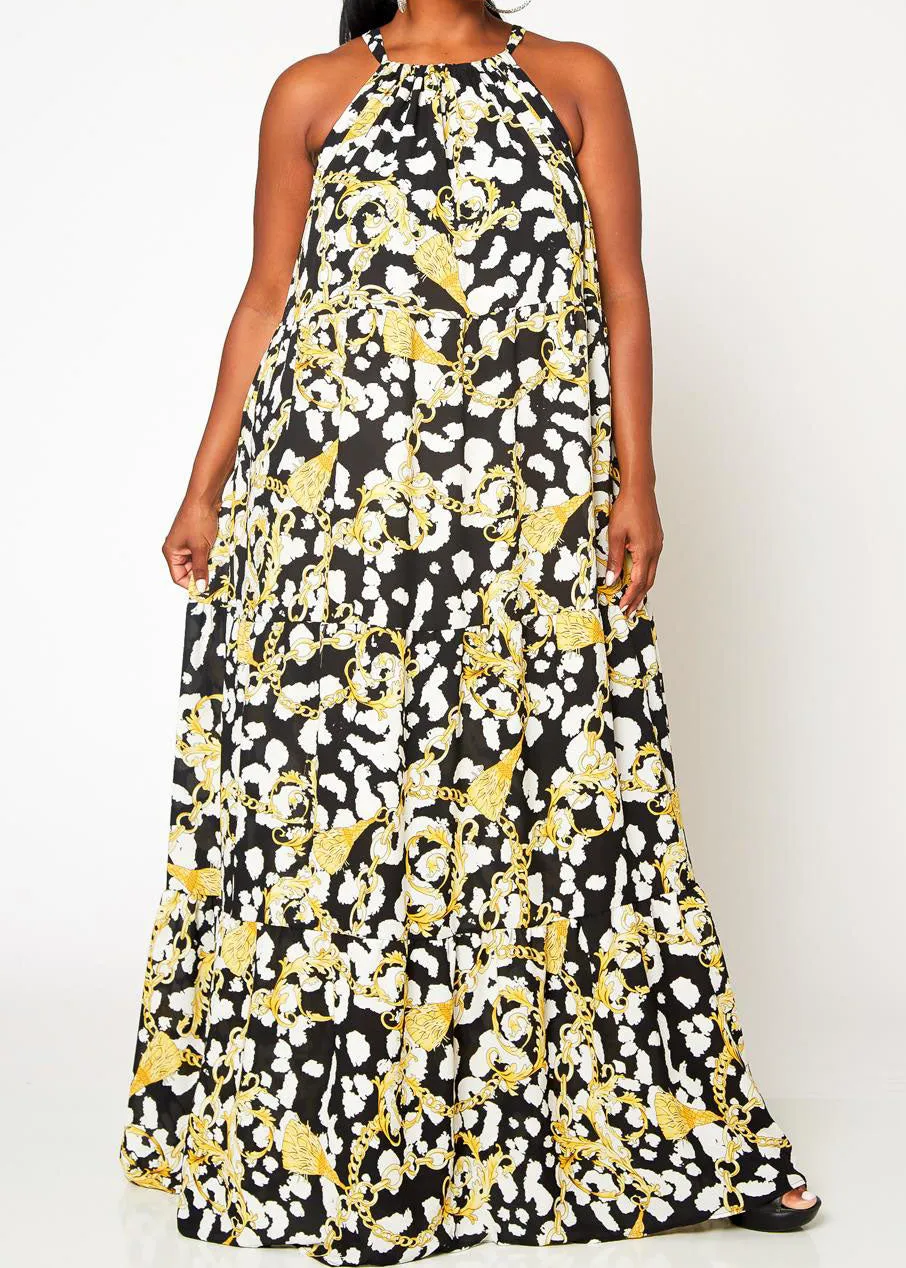 Hi Curvy Plus Size Gold Chain Halter Neck Maxi Dress