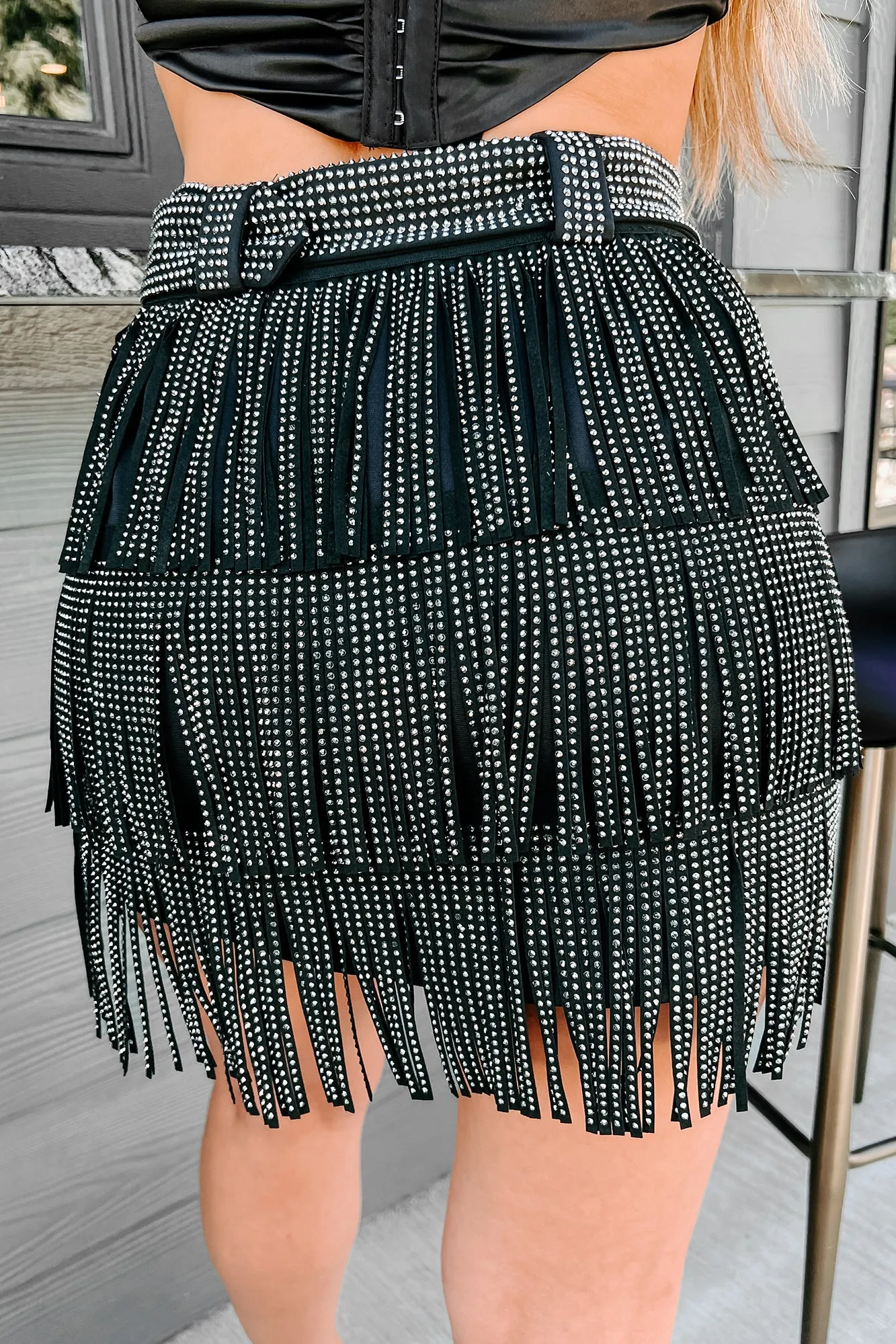 It's Showtime Rhinestone Fringe Mini Skirt (Black)