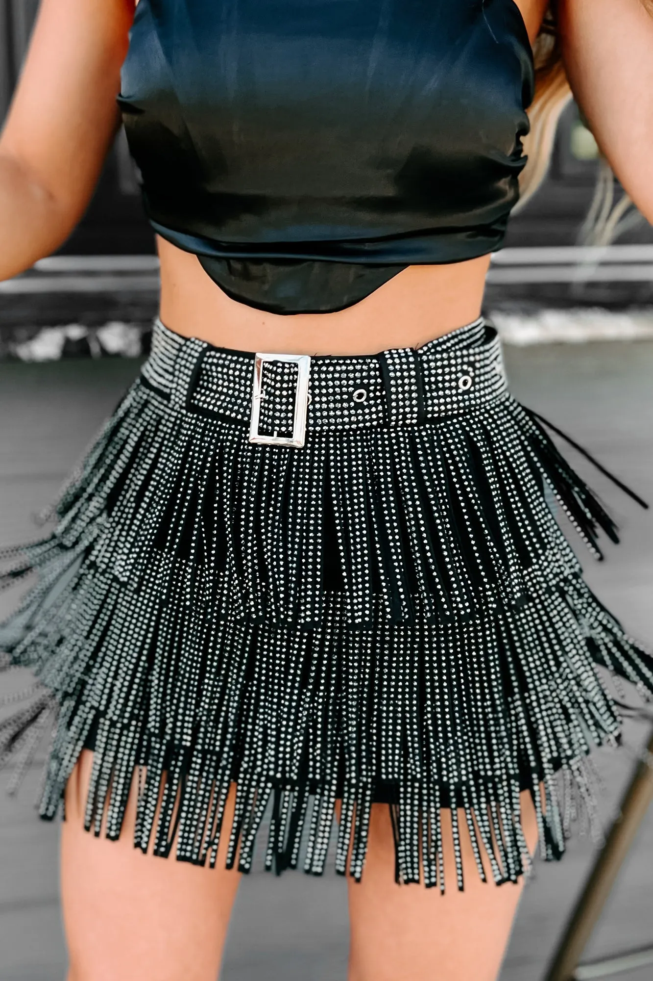 It's Showtime Rhinestone Fringe Mini Skirt (Black)