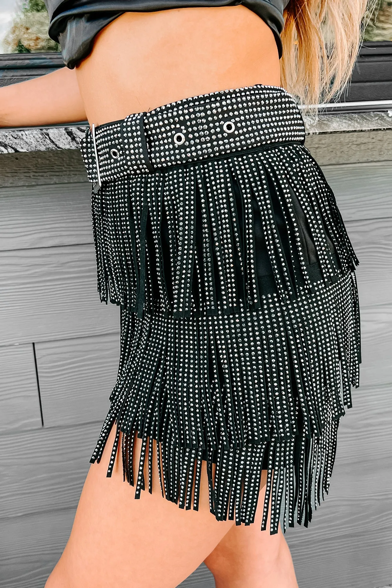 It's Showtime Rhinestone Fringe Mini Skirt (Black)