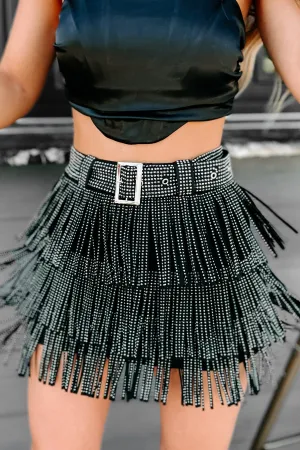 It's Showtime Rhinestone Fringe Mini Skirt (Black)