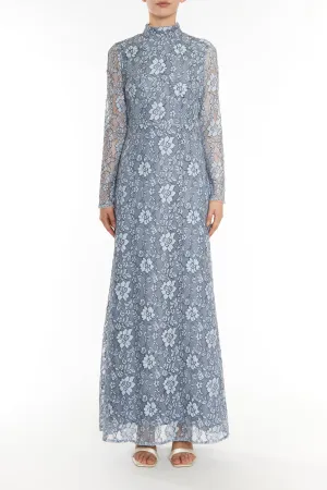 Jane Blue-Black Lace High-Neck Trim Maxi Dress