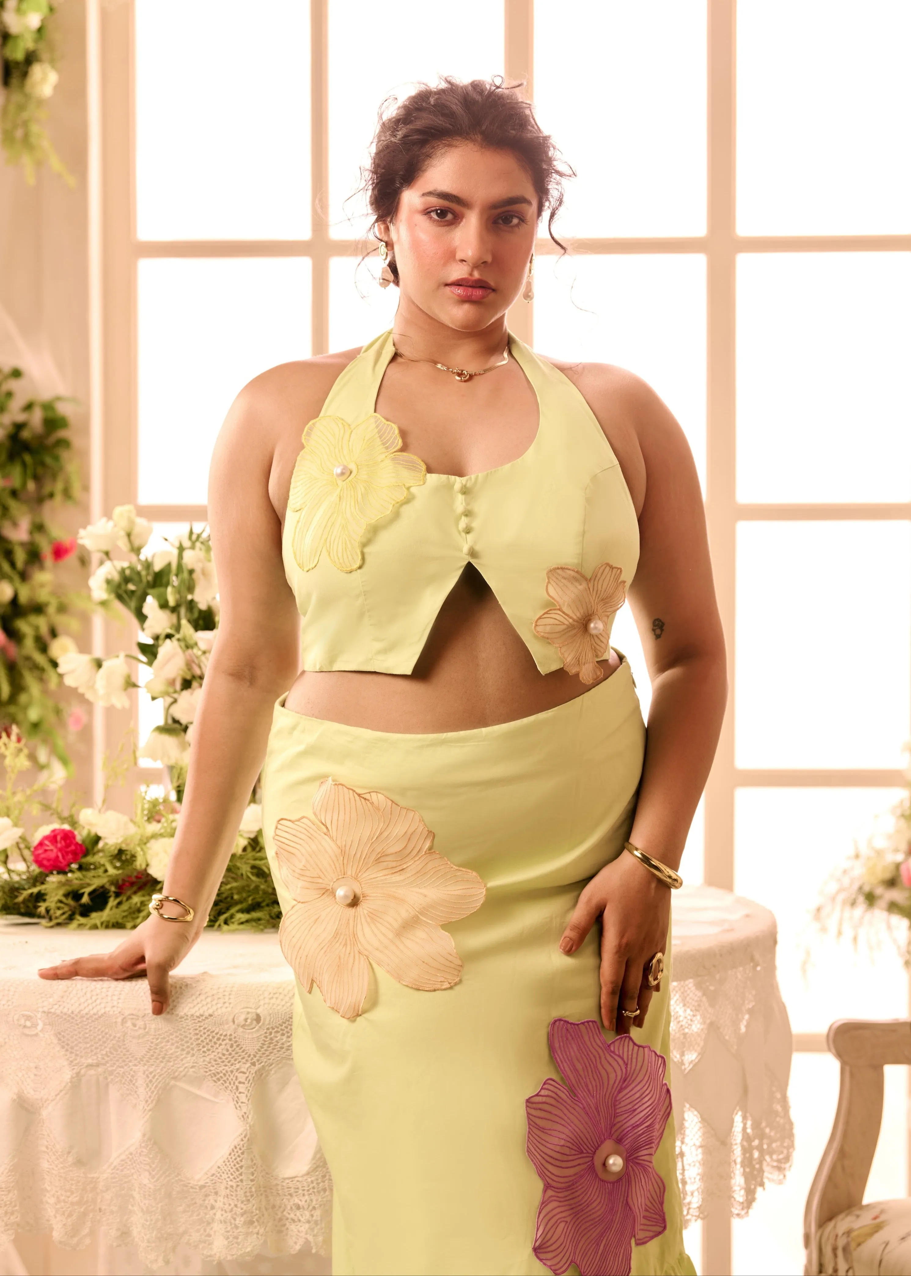 Jayden Lime Green 3D Flowers Coord Set