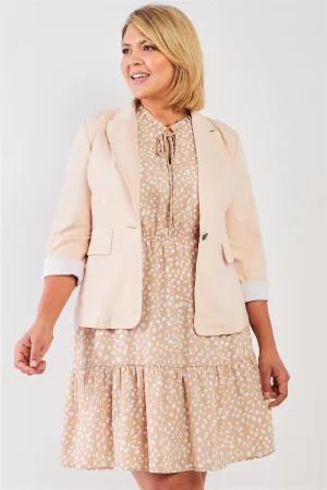Junior Plus Taupe-Apricot Lapel 3/4 Sleeve Mock Pockets Single Button Blazer /1-1-1