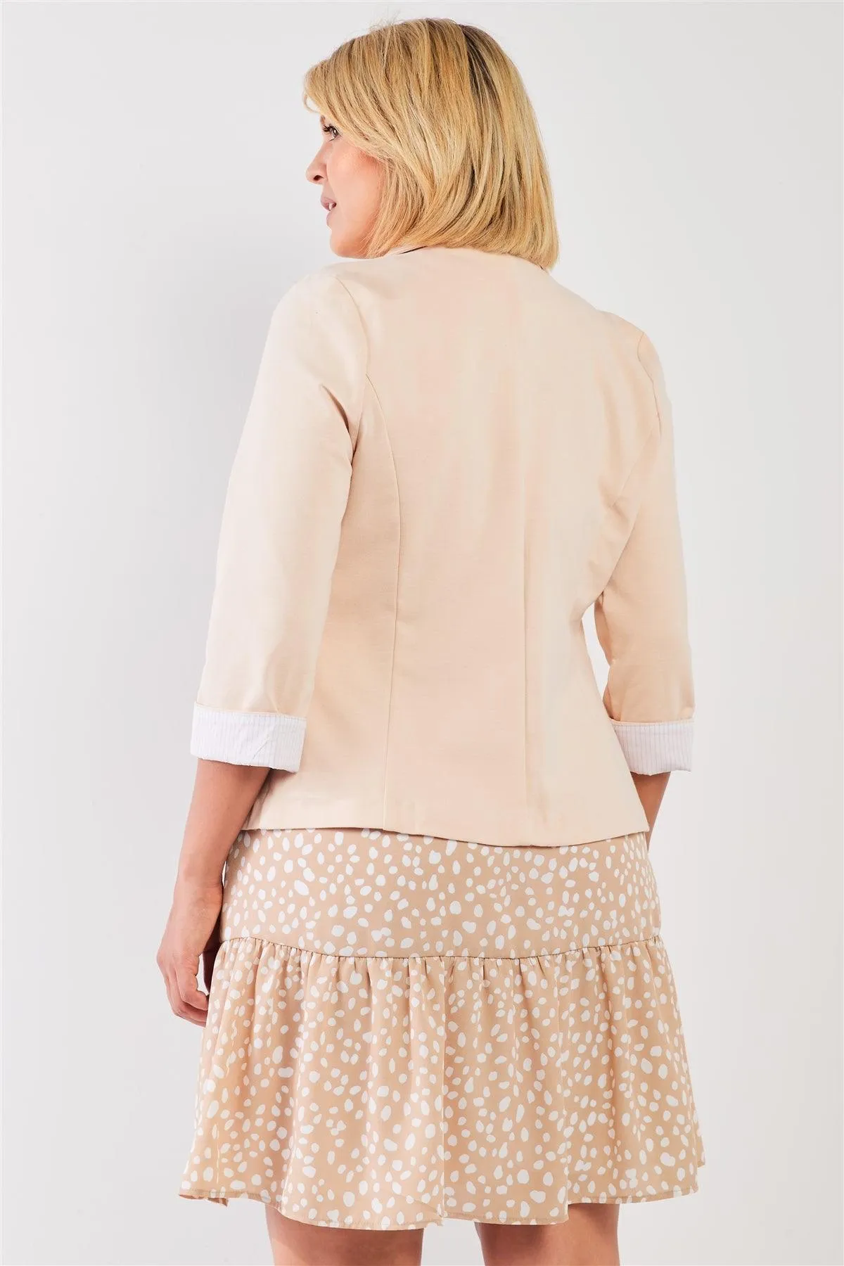 Junior Plus Taupe-Apricot Lapel 3/4 Sleeve Mock Pockets Single Button Blazer /1-1-1