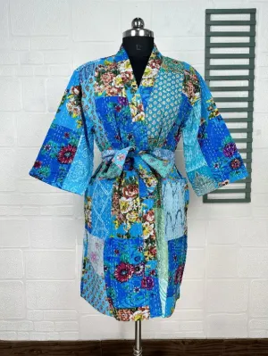 Kantha Pure Cotton Reversible Short Kimono Women Jacket Floral Print Blue Yellow