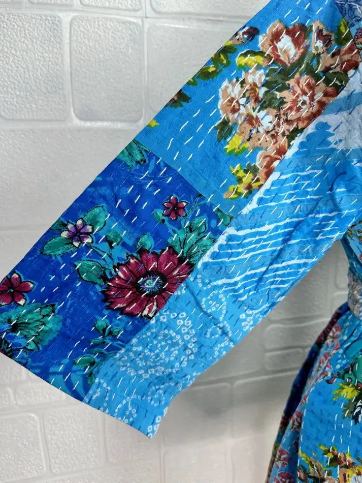 Kantha Pure Cotton Reversible Short Kimono Women Jacket Floral Print Blue Yellow