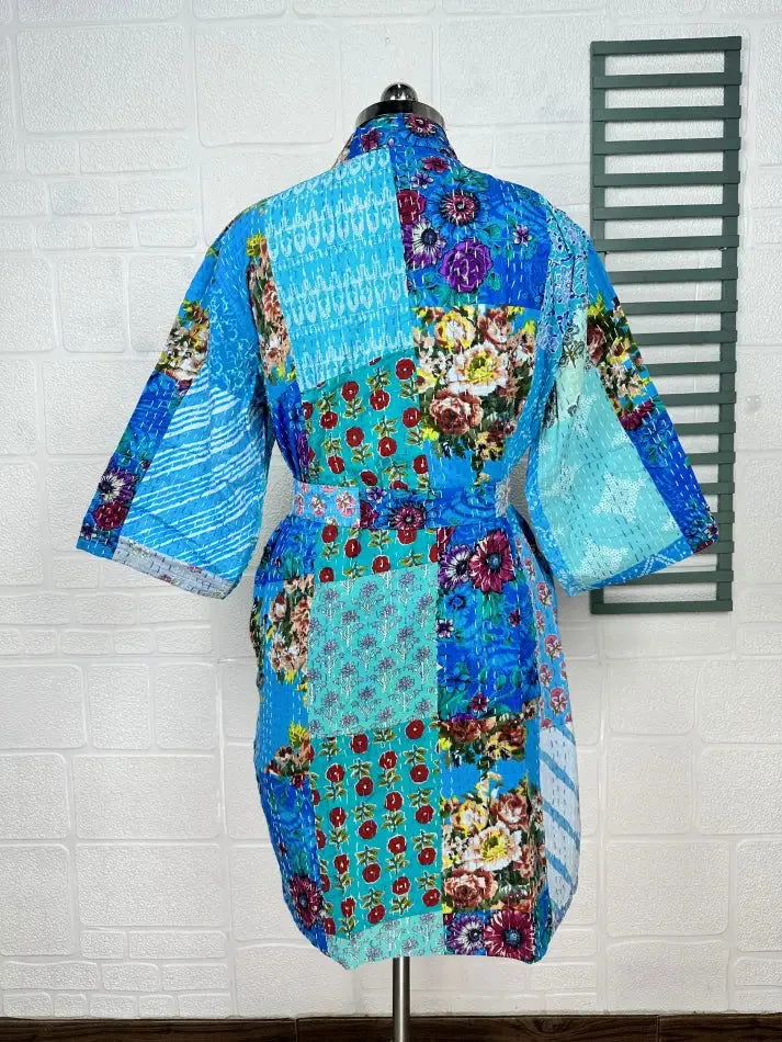 Kantha Pure Cotton Reversible Short Kimono Women Jacket Floral Print Blue Yellow