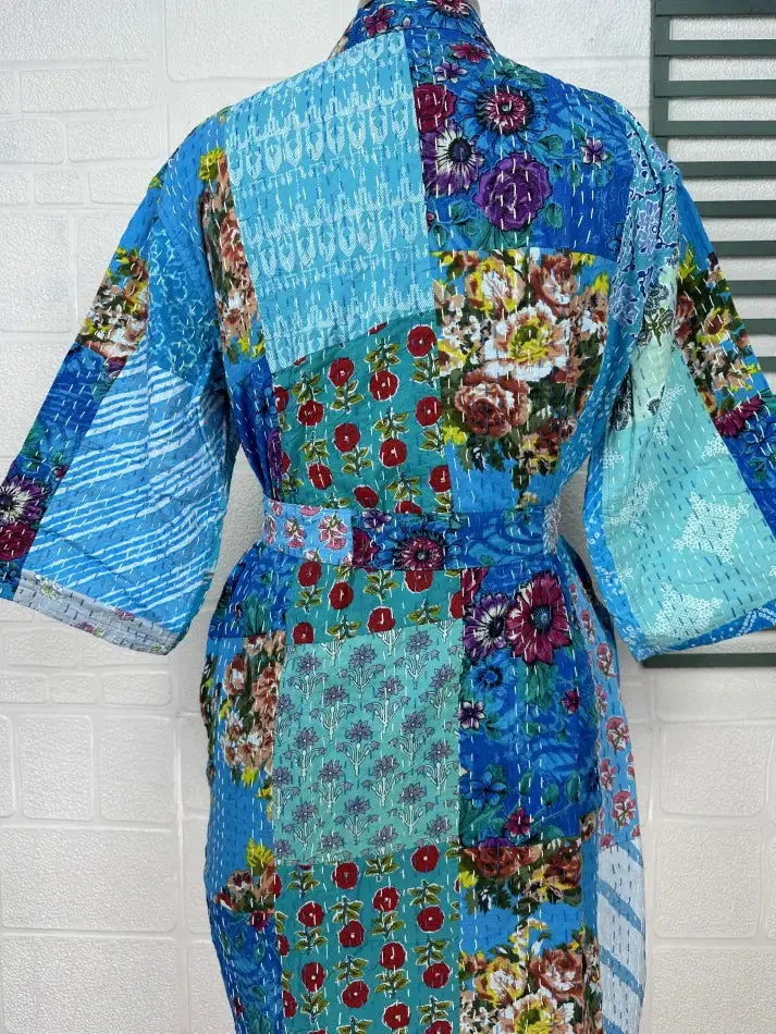 Kantha Pure Cotton Reversible Short Kimono Women Jacket Floral Print Blue Yellow
