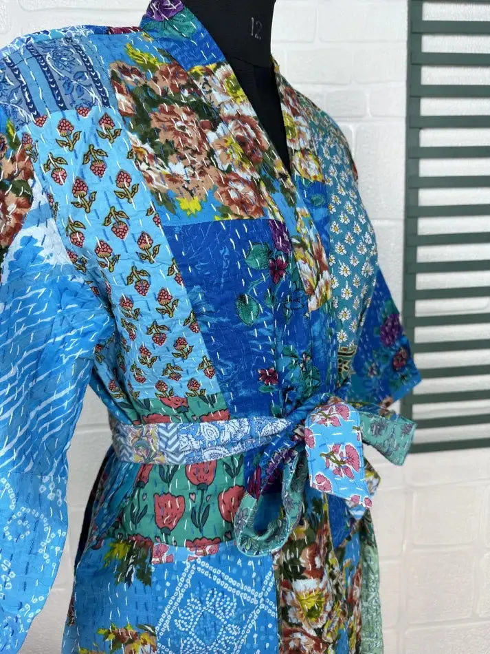 Kantha Pure Cotton Reversible Short Kimono Women Jacket Floral Print Blue Yellow